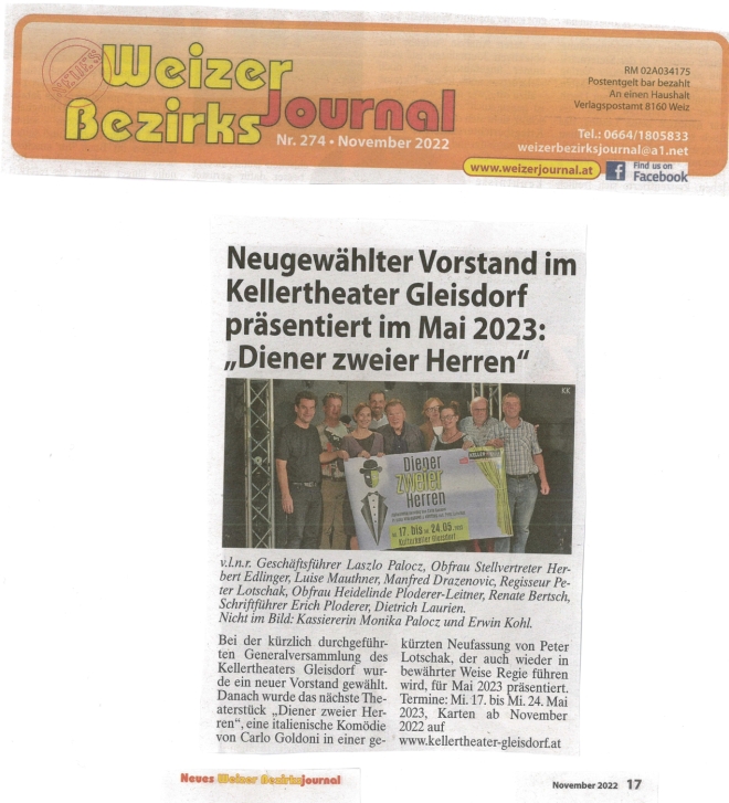 Pressebericht weizer bezirksjournal kellertheater gleisdorf dienerzweierherren2023